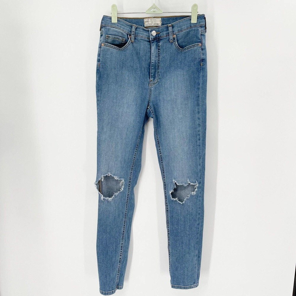 Free People Denim Busted Knee Skinny Jeans Sz 28 Blue Pockets Stretch Distressed